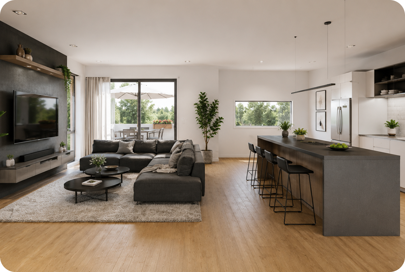 Open-plan living room render