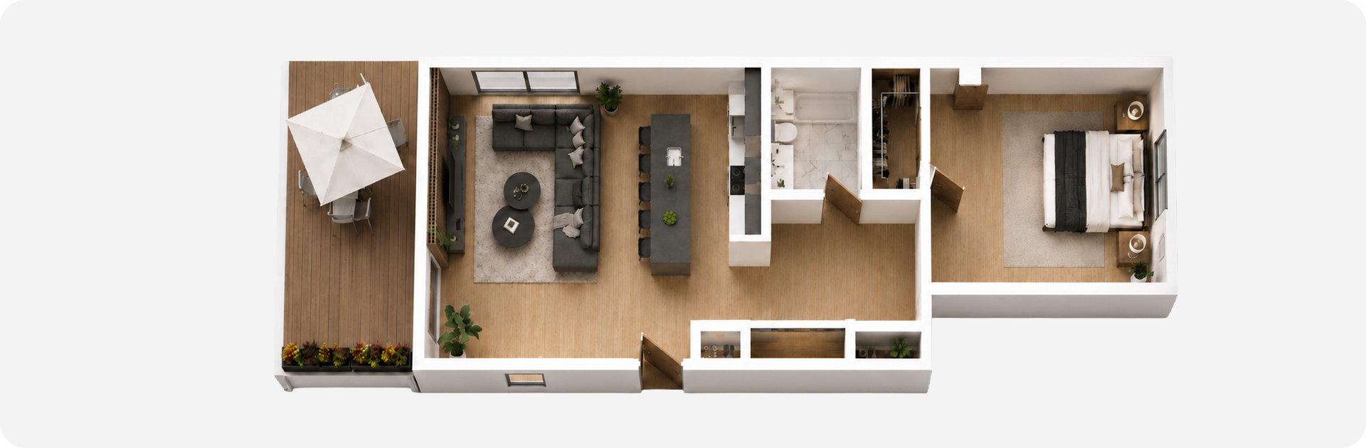 3D top-down apartment floor plan
