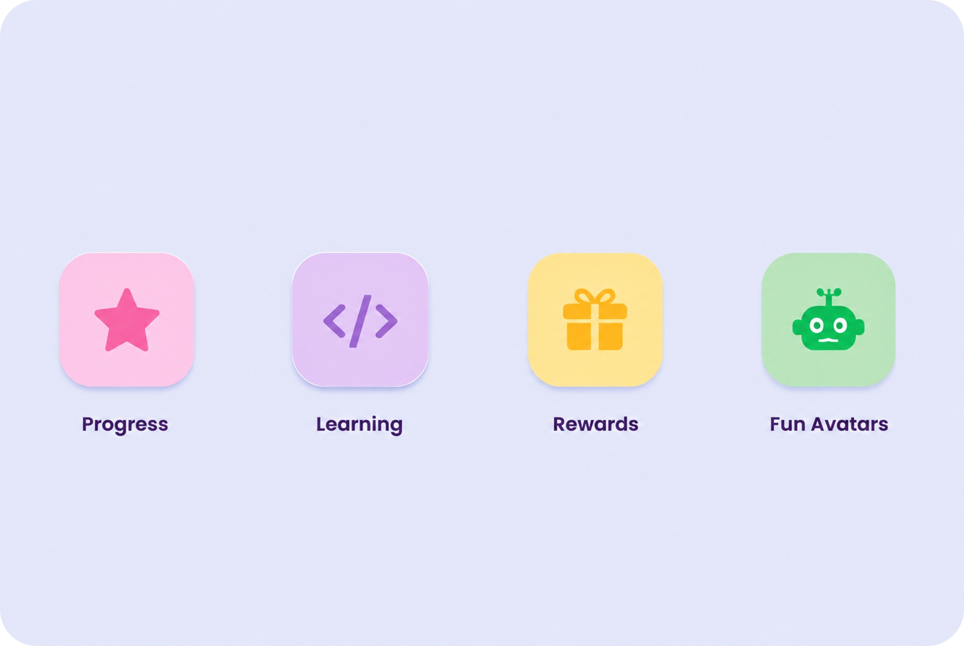 Feature icons — Progress, Learning, Rewards, Fun Avatars