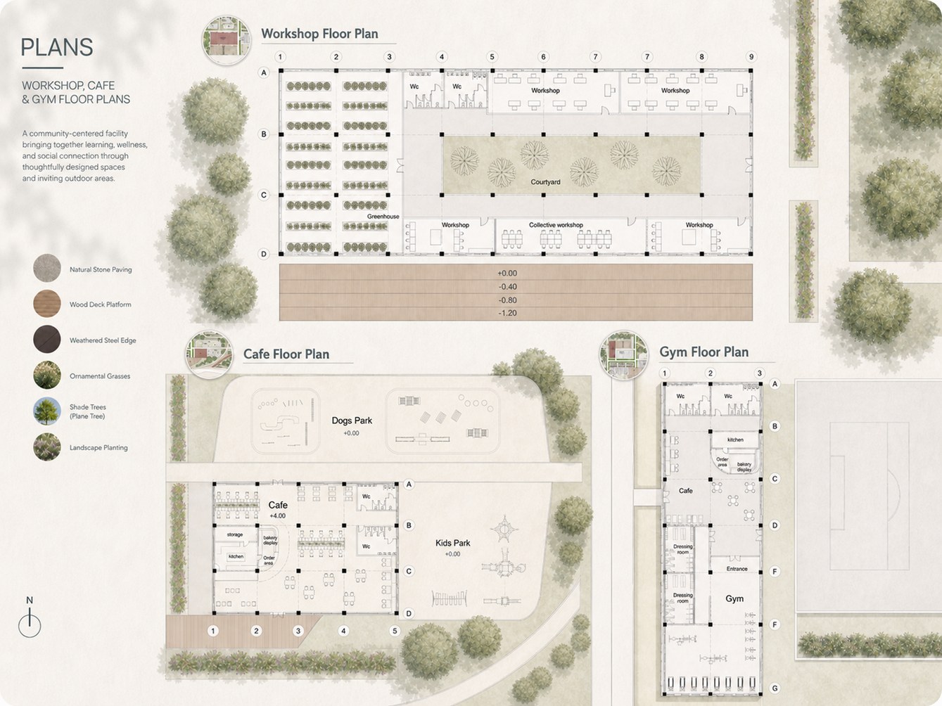 Workshop, cafe and gym floor plans