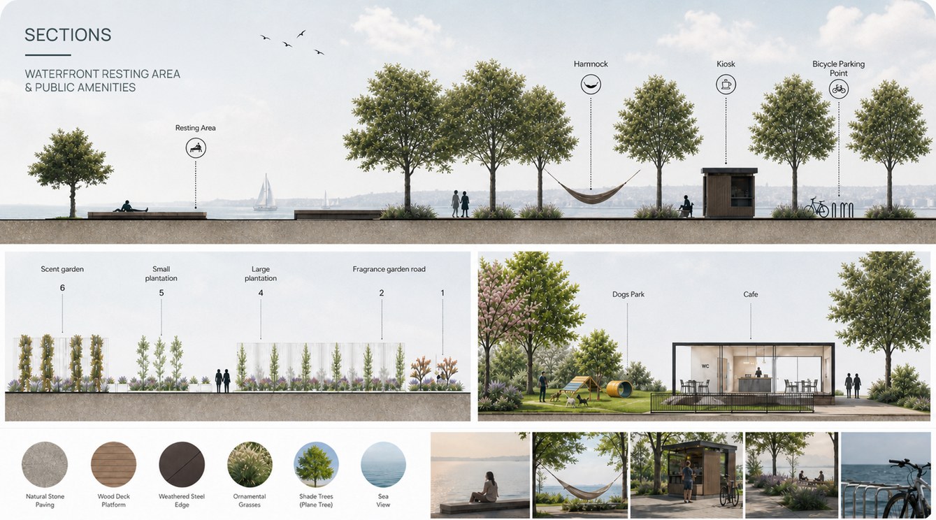 Waterfront resting area & public amenities sections