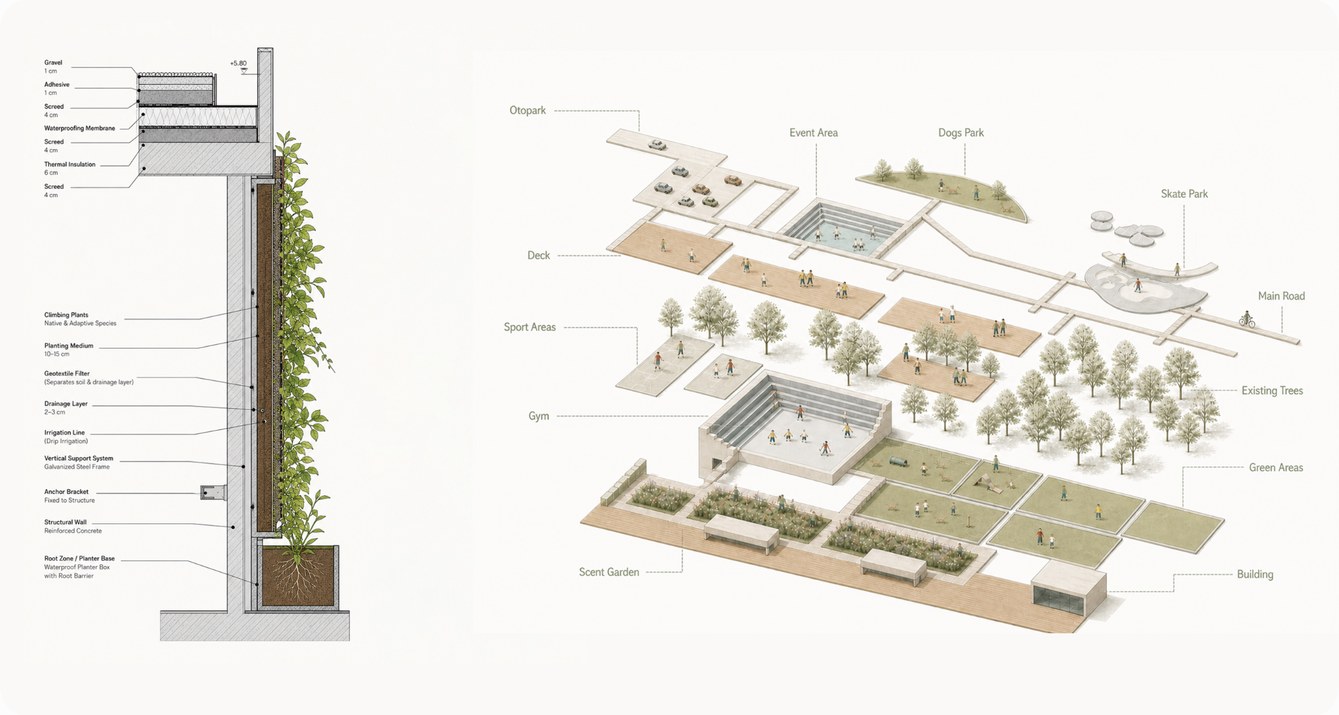Green facade detail and site axonometric
