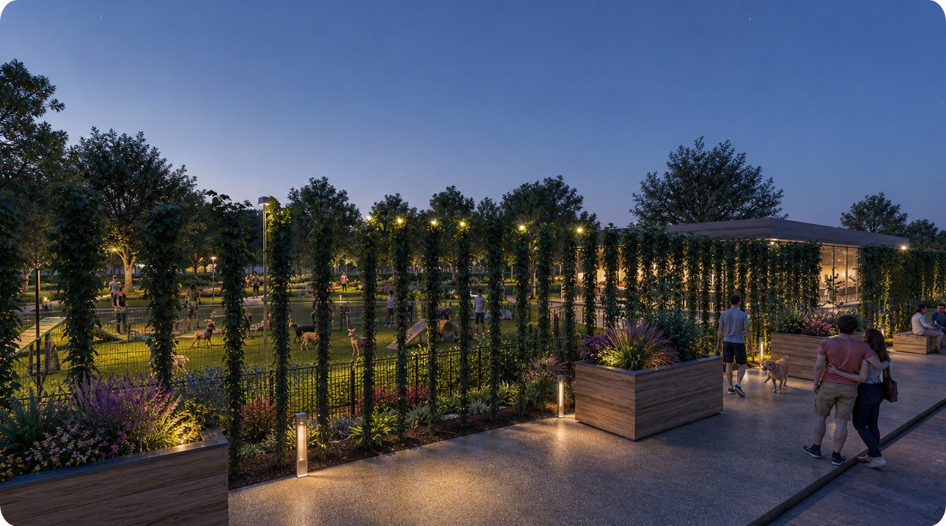 Night garden with illuminated green columns