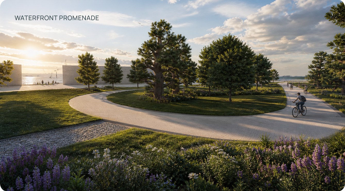 Waterfront promenade render